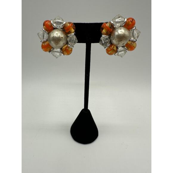 Vintage Japanese Clip-On Earrings, Glass Beads, Orange & Clear, 1950s-60s - Picture 1 of 5
